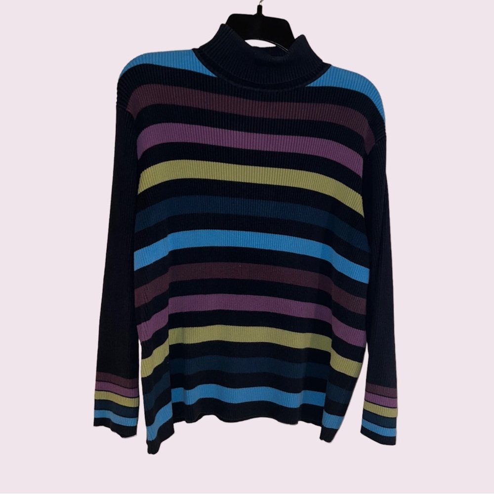 Karen Scott Woman Navy Blue & Purple Striped Sweater Turtleneck 2X